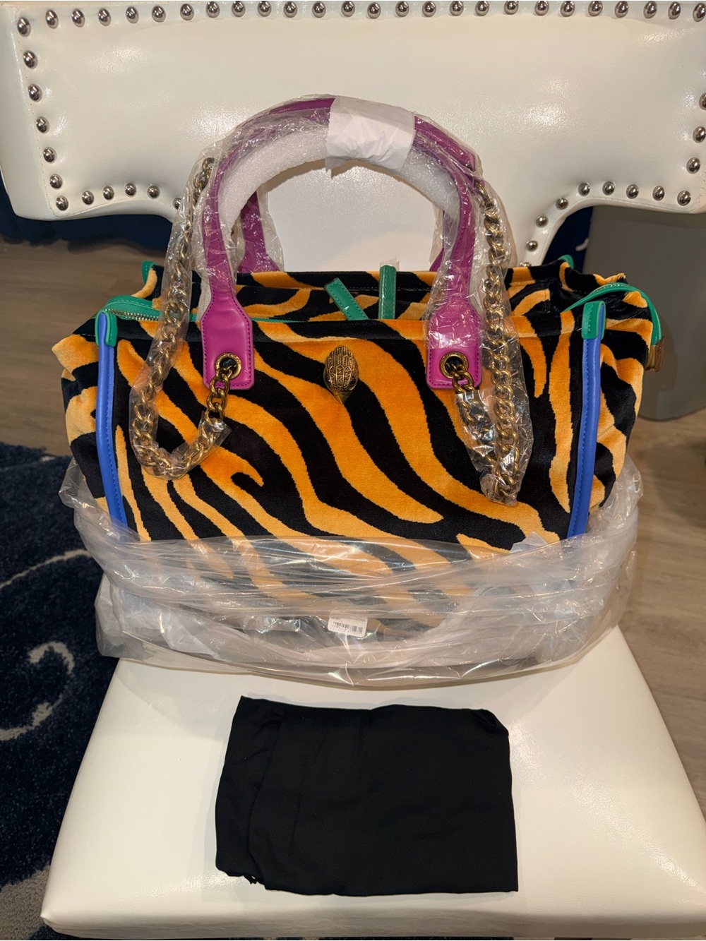 Kurt Geiger Tiger-Stripe Velvet Tote with Purple Handles & Multicolor Trim